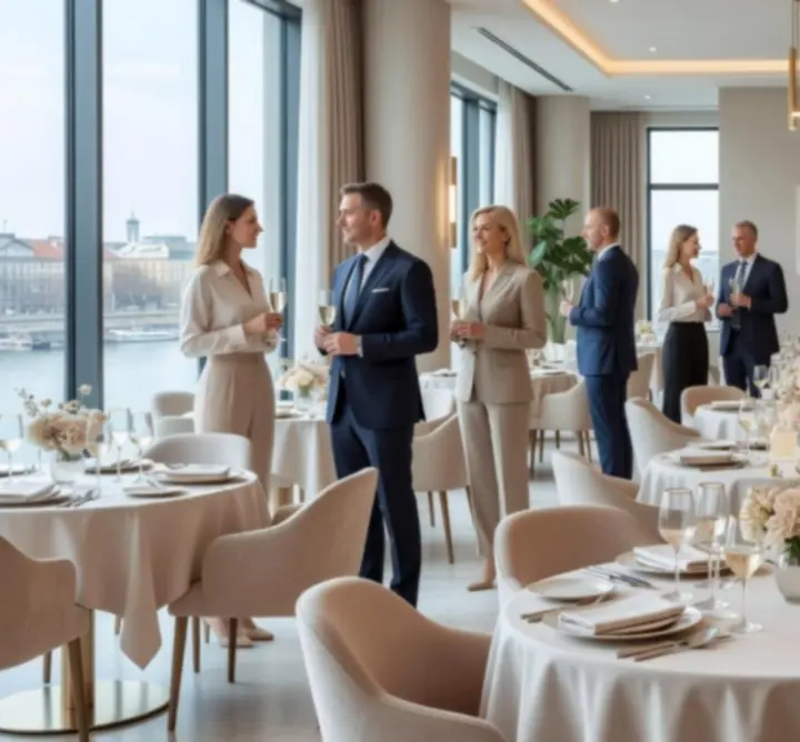 Elegáns céges vacsora terített asztalokkal az Urban Club Venue-ben