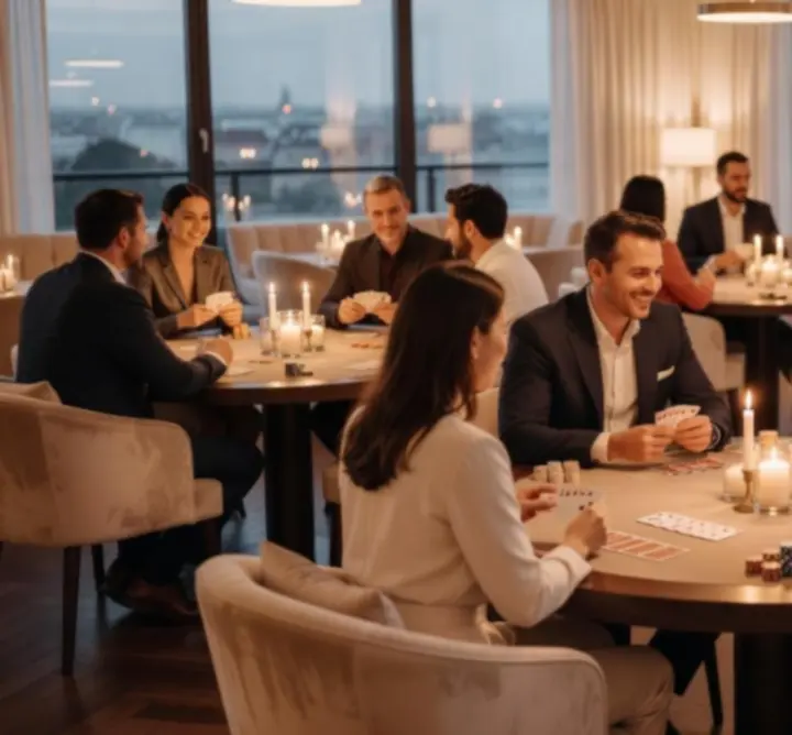 Elegáns, félhomályos offline pókerasztal az Urban Club Venue-ben