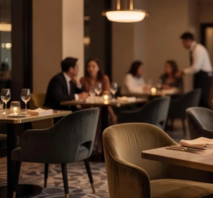 Meghitt esti hangulat az Urban Club Venue étterem elegáns asztalaival.