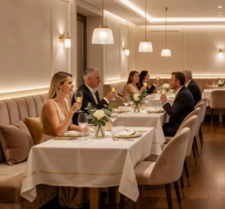 Elegáns, világos éttermi tér terített asztalokkal az Urban Club Venue-ben